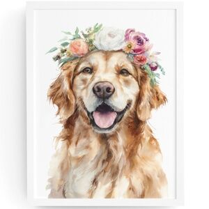 Watercolor Golden Retriever Dog Portrait Wall Art Print, Unframed - Heartwarming